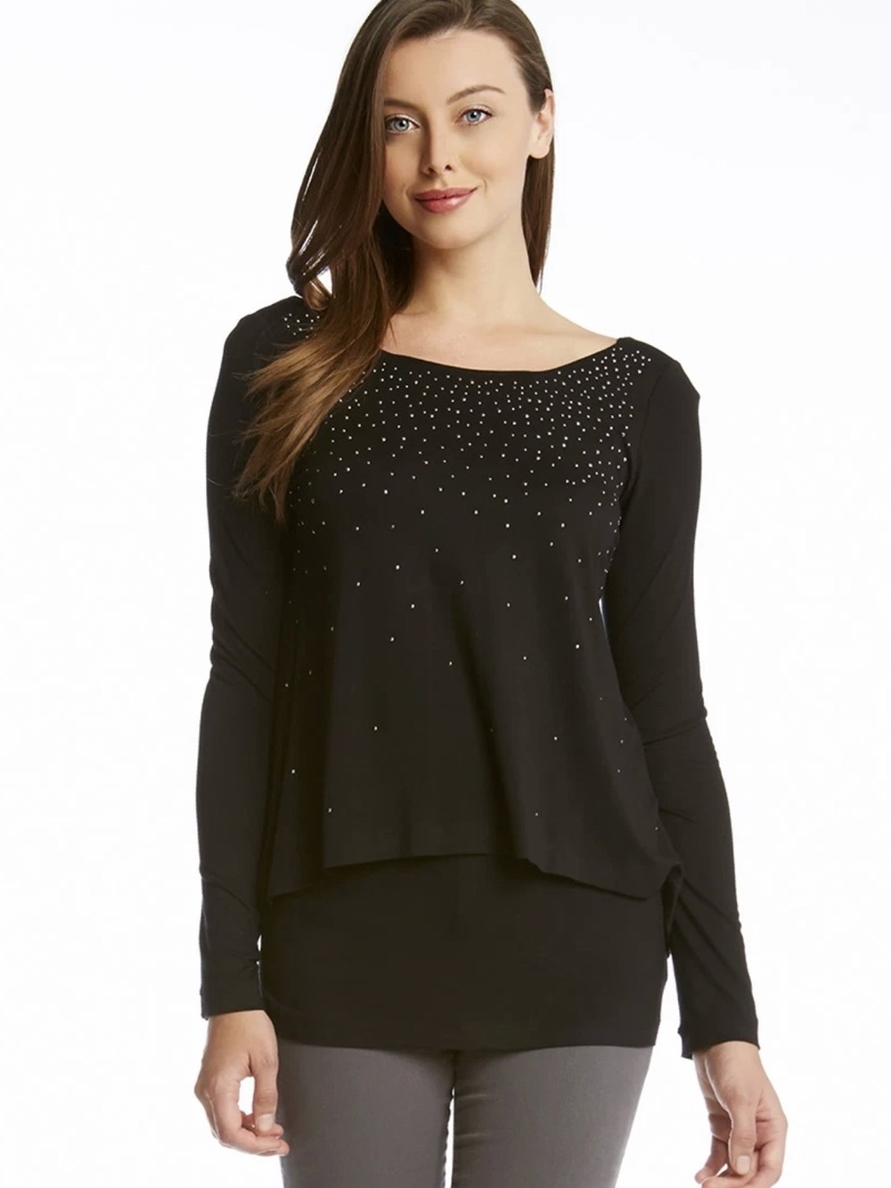 Karen Kane Layered Holiday Top Black Embellished Sparkle V-Back Hi-Lo Size M